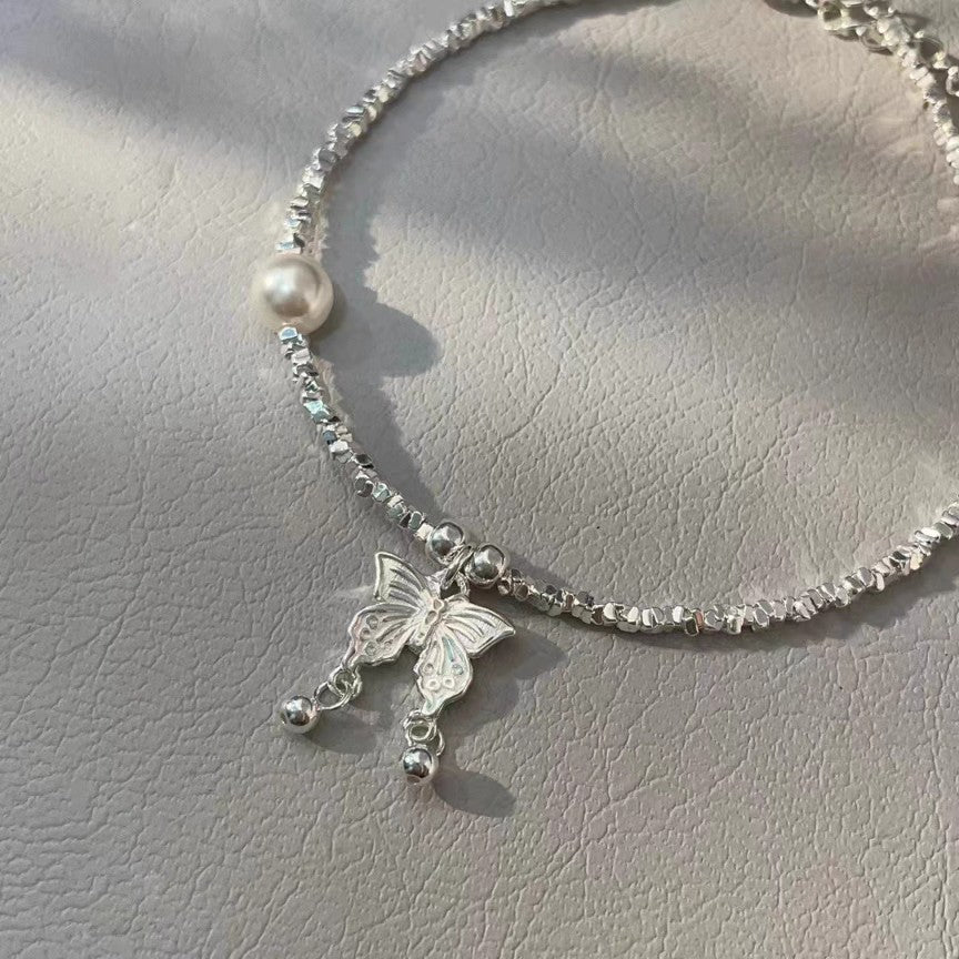 1pc 999 Sterling Silver Butterfly & Pearl Bracelet, Delicate Style, Perfect For Daily Wear And Valentine's Gift
