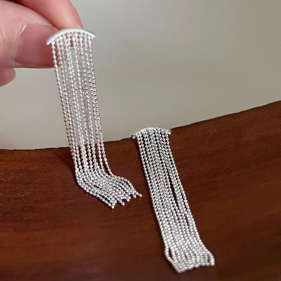 1 Pair 999 Sterling Silver Curved Beaded Long Tassel Earrings, Minimalist & Elegant, Perfect For Daily, Party & Dating, Ideal Valentine's Gift