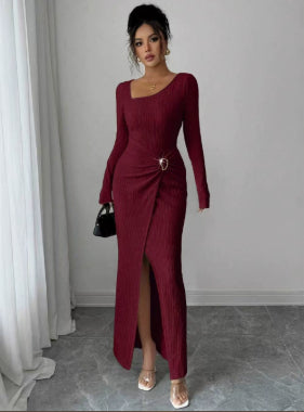 Womens Slim Fit Body Hugging Slit Neck Long Sleeve Knit Dress