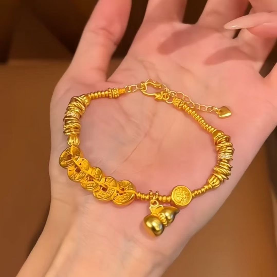 Golden Five Emperors Ancient-Style Gourd Wrap Bracelet, Chinese Retro Niche Girlfriend Jewelry, Handmade Bracelet Gift, National Trend