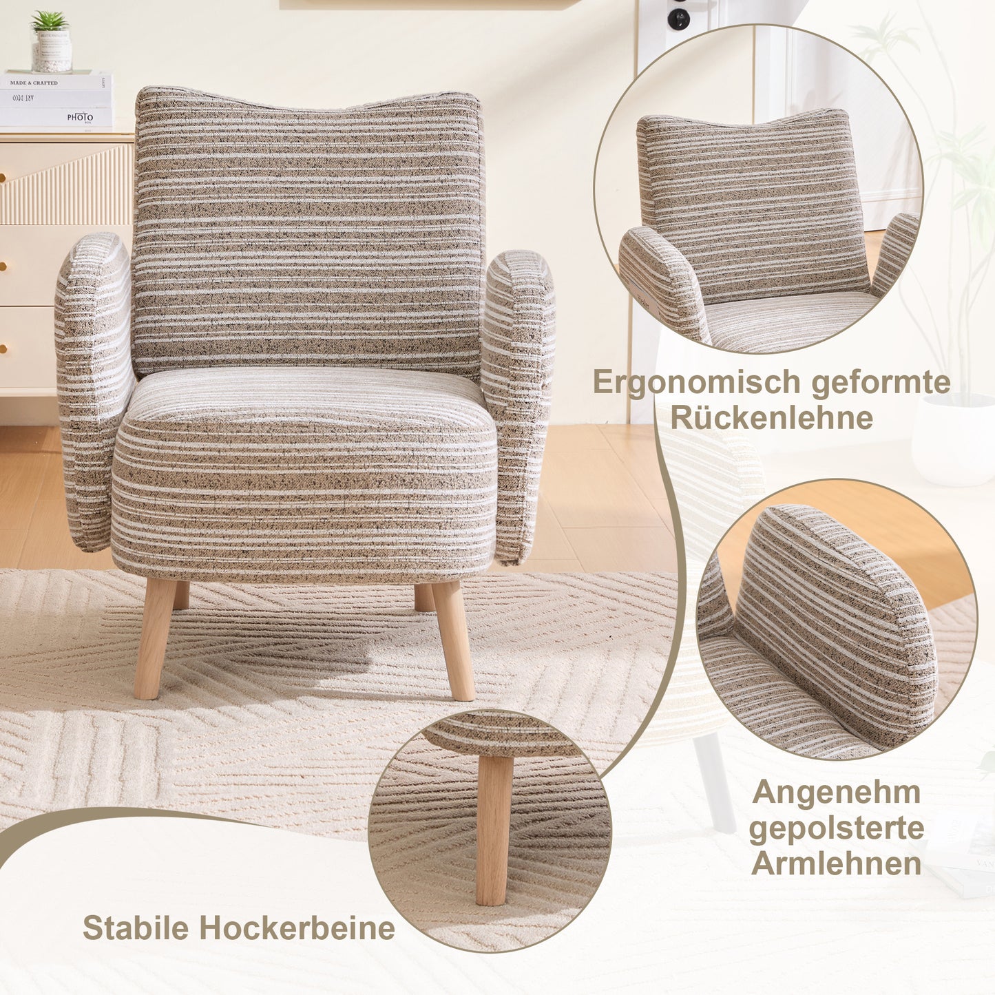 Modern Armchair, Fabric With Circle Pattern, With Side Pocket, Solid Wood Legs, Comfortable Reading Chair, Living Room, Bedroom, Office Khaki Boucle