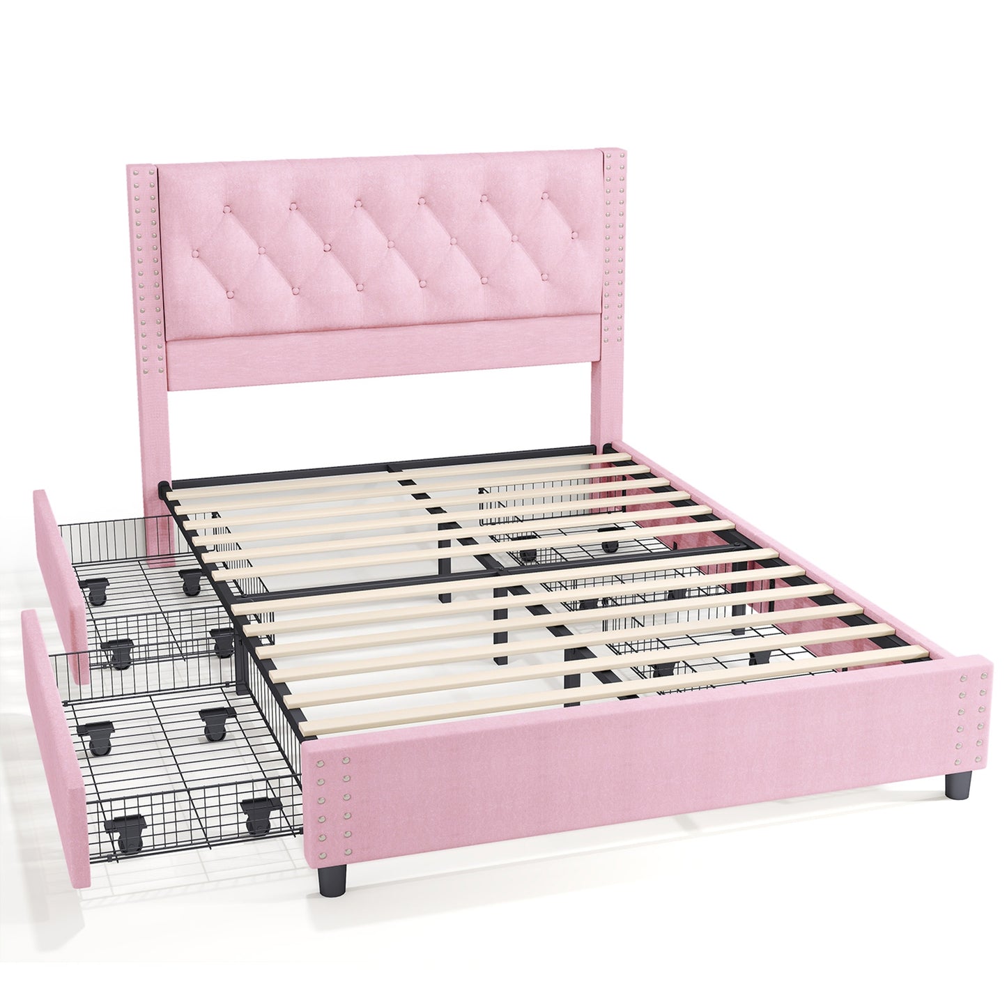 Queen Size Bed Frame With Upholstered Button Tufted Headboard Wood Slat Support Metal Platform Bed Frame With 4 Drawers No Box Spring Needed Easy Assembly For Home