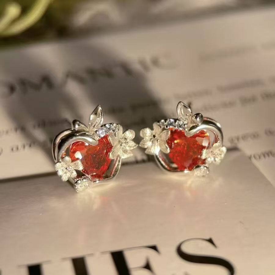 Love And Deepspace Xia Yizhou Ruby Red Zircon Begonia Flower Stud Earrings, Sweet High Appearance Game Peripheral Jewelry, Ideal Gift For Fans & Girlfriend