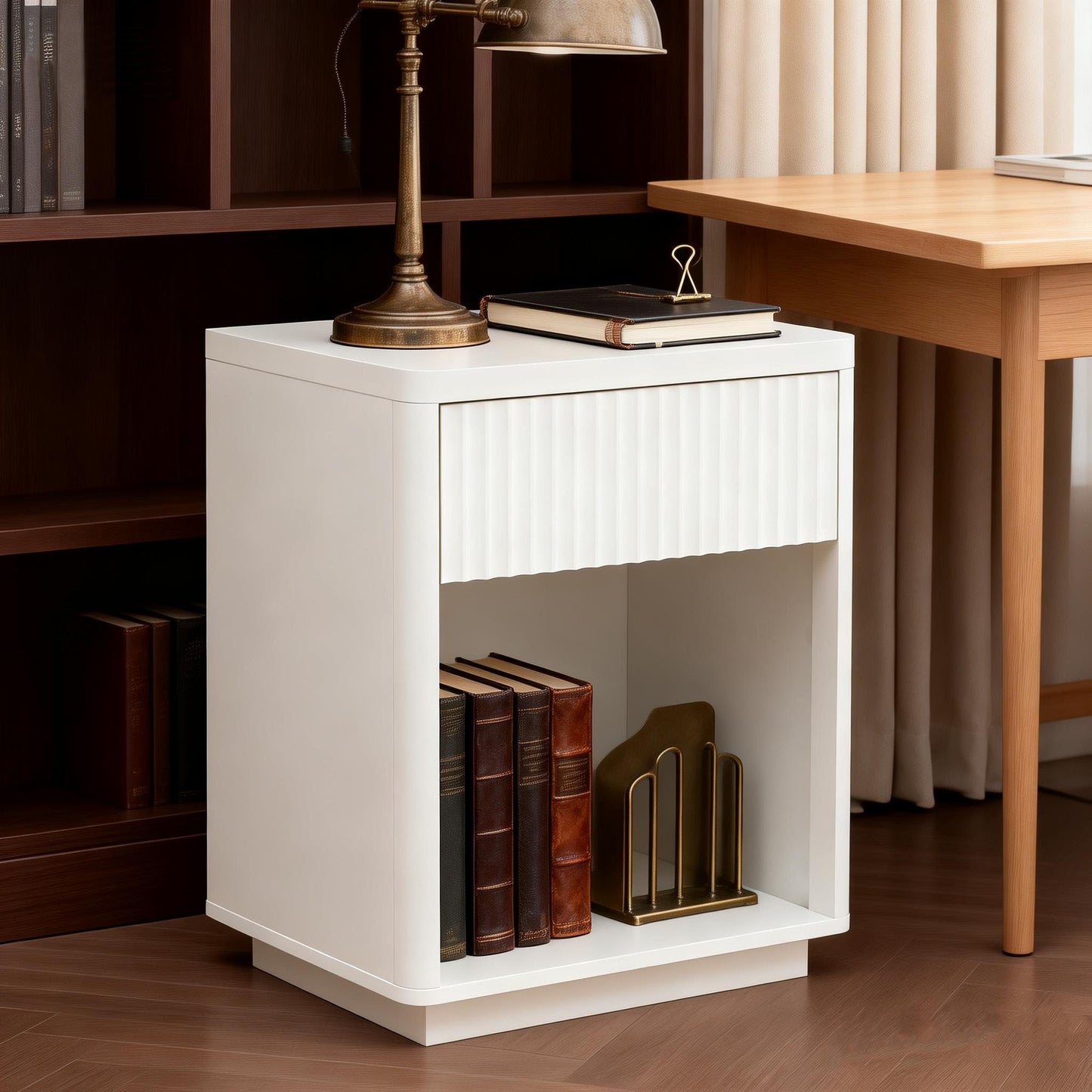 Nightstand With Drawer & Open Shelf, Modern Bedside Table With Ripple Panel Design, Sturdy Wood End Table For Bedroom Living Room Office  Easy Assembly