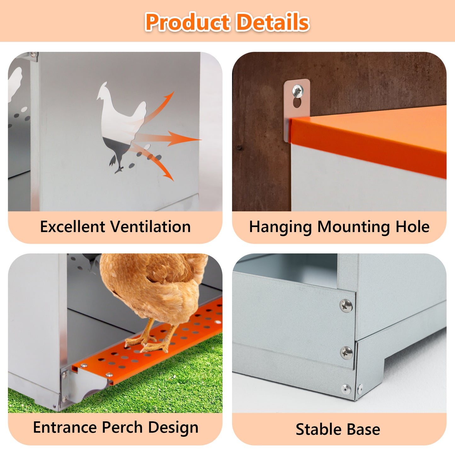 6-Bay Metal Nest Box-Wall Mount For Hens Ducks, Easy Egg  Assembly, Vented Galvanized Steel Coop Equipment Orange