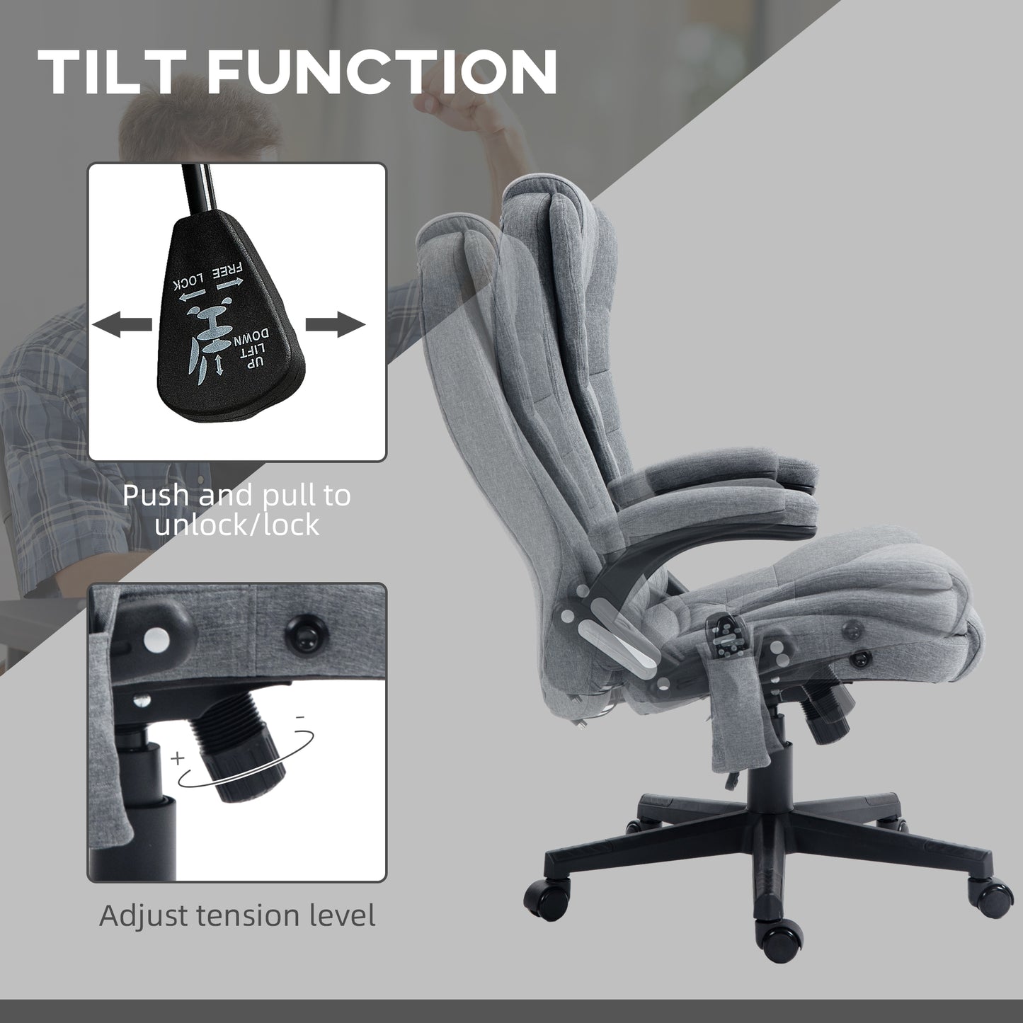 6 Point Vibrating Massage Office Chair with Heat, Linen High Back Massage Desk Chair with Reclining Backrest, Gray