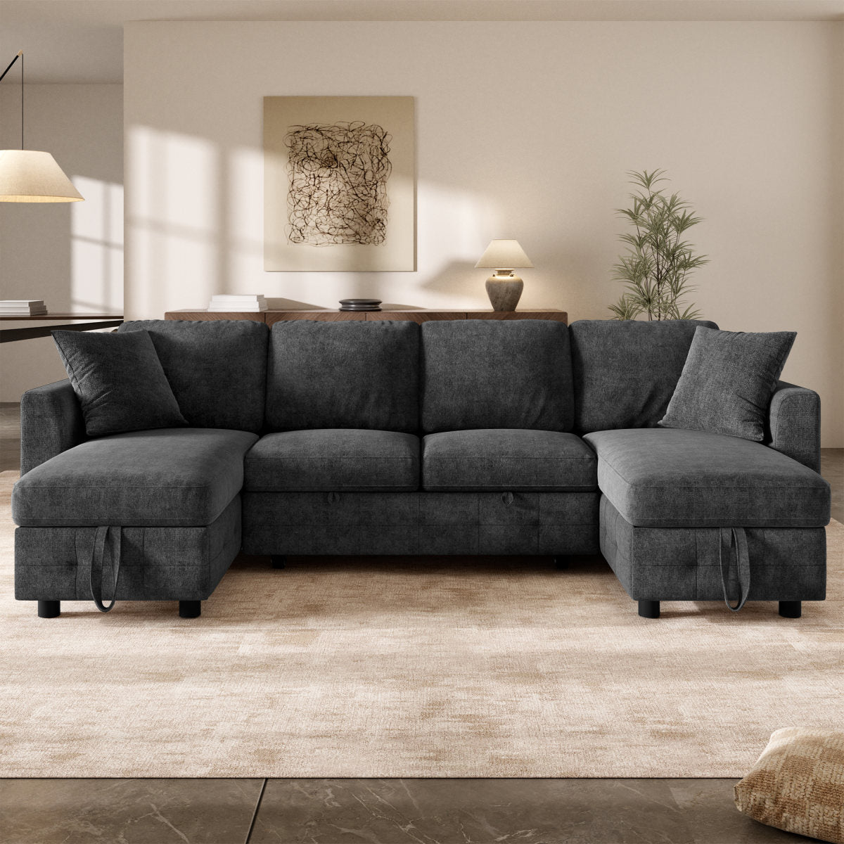 Modern Luxury Chenille U-Shaped Sectional Sofa With 2 Storage Chaise Lounges, 2 Square Cushions, Convertible Corner Sleeper Chair Bed, Comfy Couch For Living Room, Gray, 260 X 128 X 82 Cm