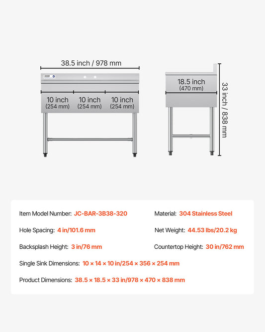 3 Compartment Sink, 18-Gauge 304 Stainless Steel, 10" X 14" X 10" Bowl Size, 3 Bay Commercial Under Bar Sink With Backsplash And Efficient Drainage For Kitchen, Restaurant, Food Truck & Home Use
