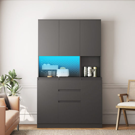Tatub 74in Pantry Cabinet W Power Outlet, Kitchen Hutch W Storage & Microwave Shelf, Black Kitchen Pantry Storage Cabinet W LED Light Strip