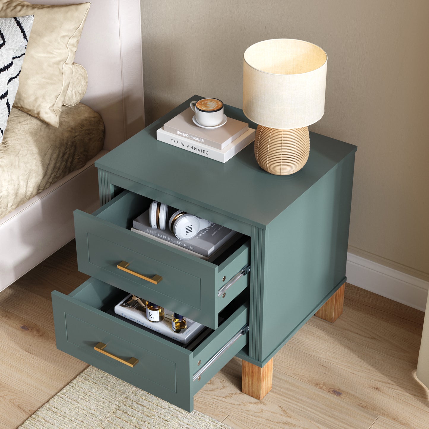 2 Drawer Nightstand, Premium Wood Storage With Elegant Fluted Design, Solid Wood Legs Nightstand With Metal Handle, Tall Bedside Table For Bedroom Living Room,Blue