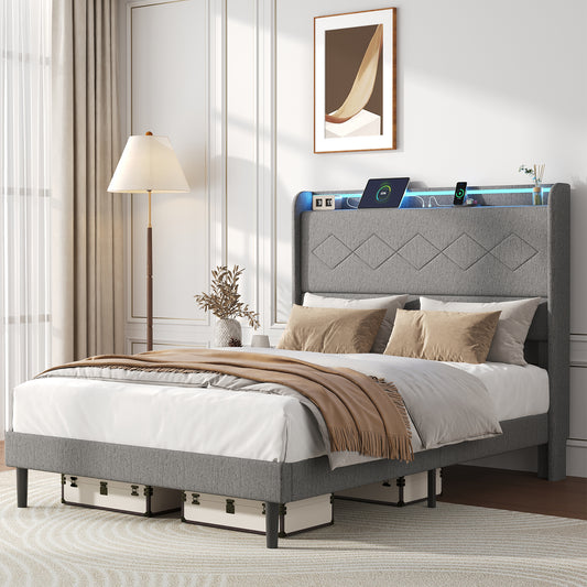 A Double Bed Frame With Adjustable Headboard, Equipped With 3 USB Charging Ports, LED Light Strips And Bluetooth Controller