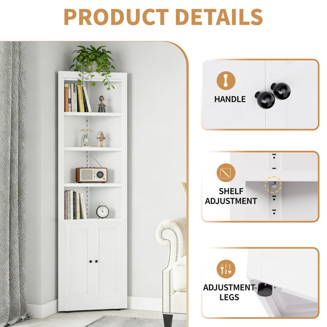 71in Tall Corner Storage Cabinet With 2 Doors, 5-Tier Metal Cabinet With Adjustable Shelves, Freestanding Kitchen Storage For Pantry, Living Room, Bathroom, Laundry Room, Space Saving Furniture, White