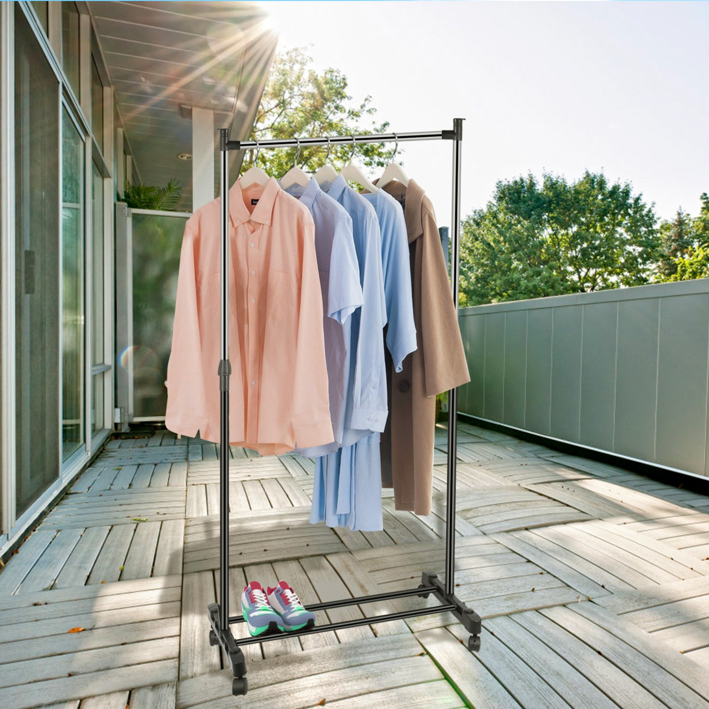 15kg 33lbs Garment Racks 3.12ft To 4.80ft Height Adjustable Clothes Stand Foldable Clothes Hanger With Wheels Storage Shelf For Dormitory Home