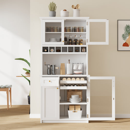 TOPMAx Farmhouse 35.4x17.7x74.8inch Freestanding Buffet With Hutch  Tall Kitchen Pantry Storage Cabinet With Wine Rack And Adjustable Shelves For Dining Room  White