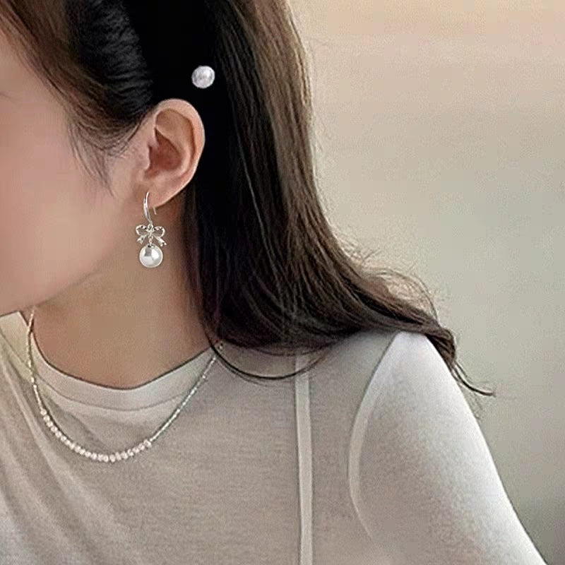 1 Pair 999 Sterling Silver Cut Bowknot & Pearl Hook Earrings, Sweet & Elegant, Perfect For Daily, Dating & Business, Ideal Valentine's Gift