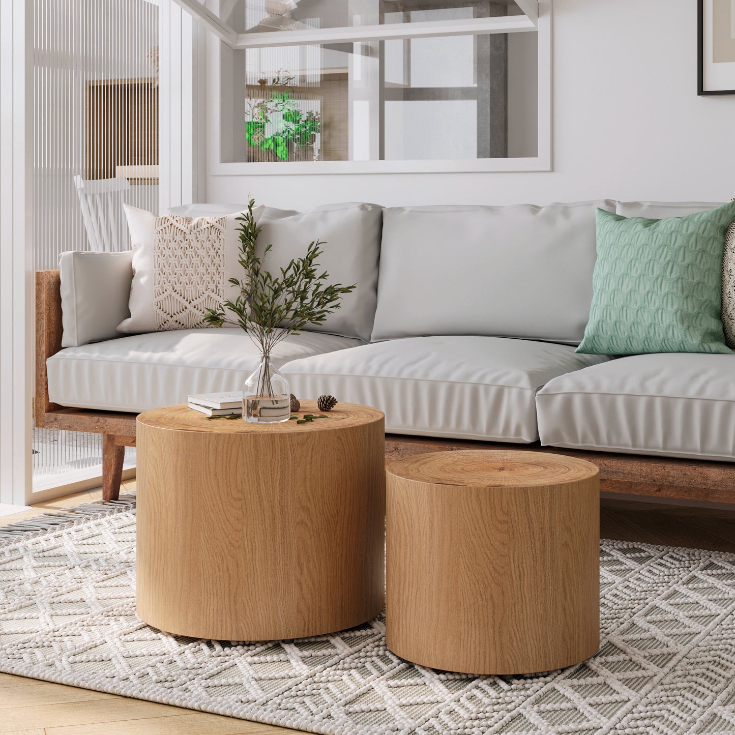 Nesting Coffee Table Set Of 2, Modern Round Coffee Table, Wooden Circle Accent Tables For Small Spaces Living Room Bedroom Balcony Office Drum Side Table, Natural Wood With Real Tree Ring