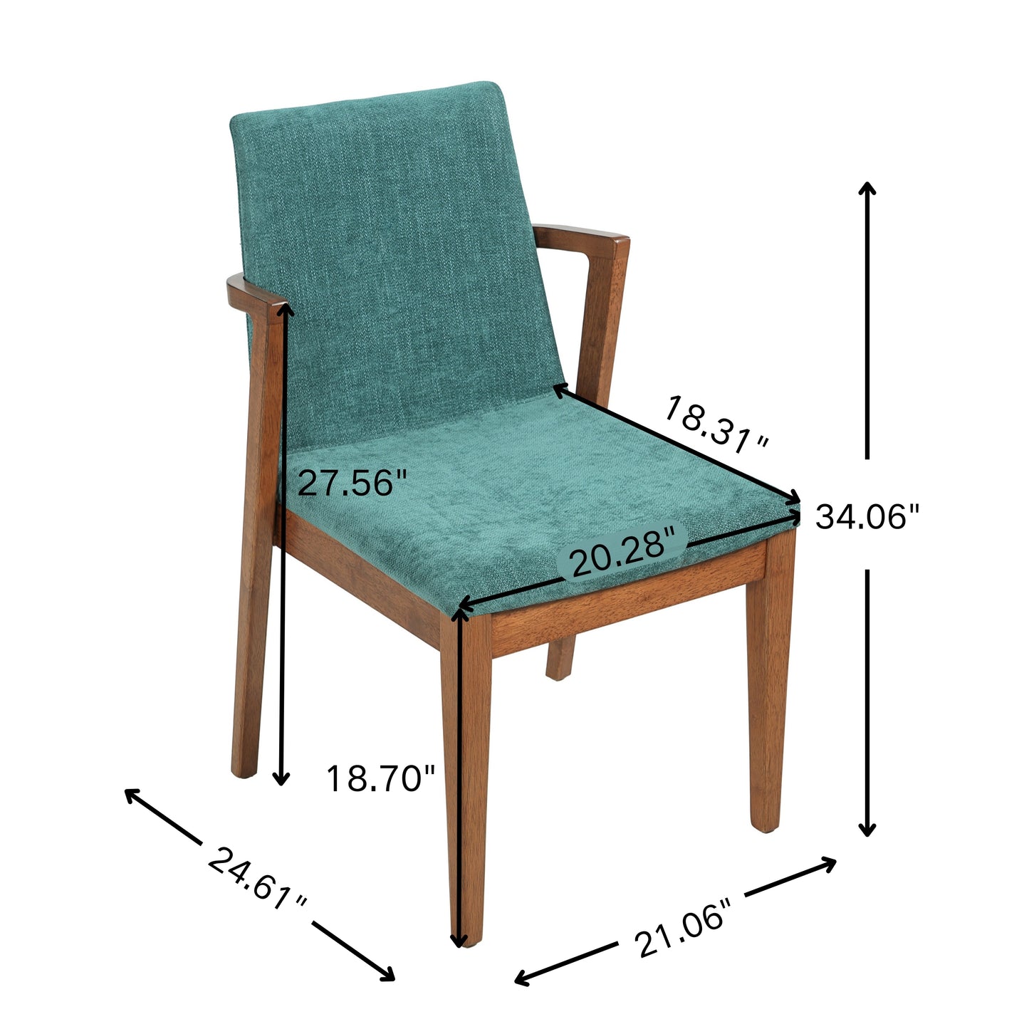 Mid-Century Modern Dining Chairs Set Of 2 - Green Fabric Upholstered Armchairs With Walnut Color Rubber Wood Frame, 250lbs Capacity For Kitchen & Dining Room