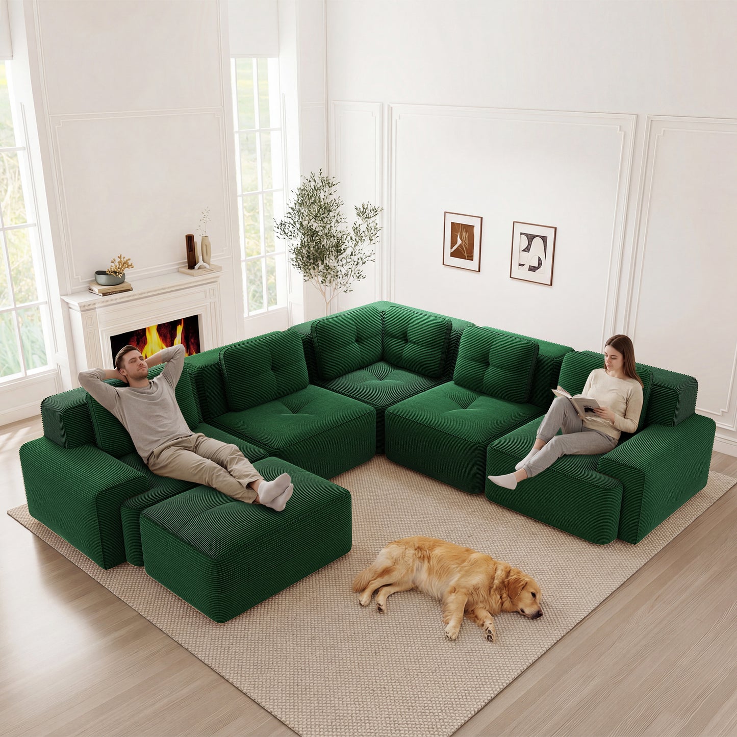 Frameless Sofa For Living Room, Office Sofa, Modular Combination Sofa With Ottoman, Comfortable Upholstered Low Seat Sofa In Corduroy, No Assembly Required, Non-slip Design, Green
