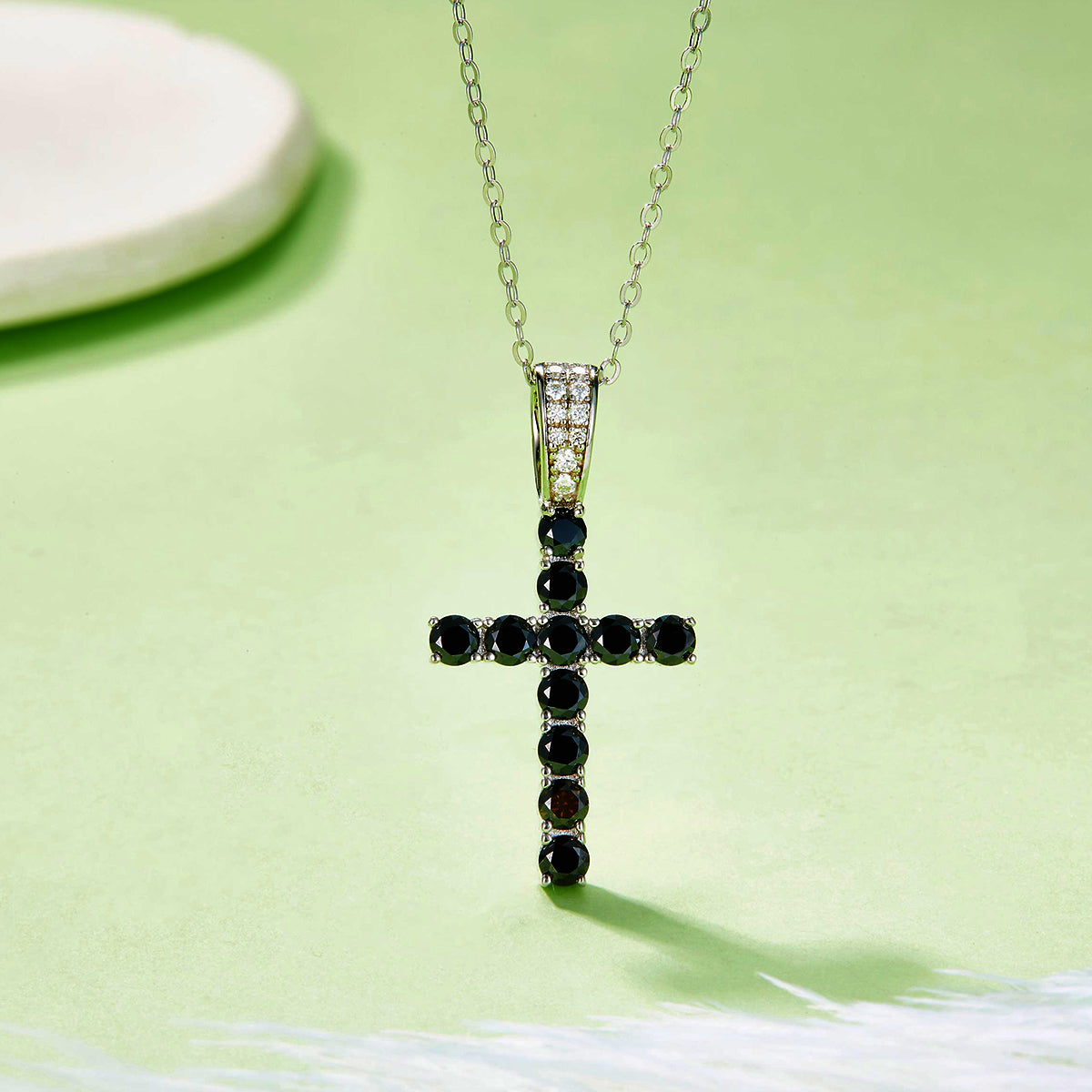 S925 Sterling Silver Cross Pendant Necklace, 3mm Lab-Grown Ruby & Black Moissanite, Platinum Plated 45cm Chain, 3.5g With GRA Certificate Gift Box