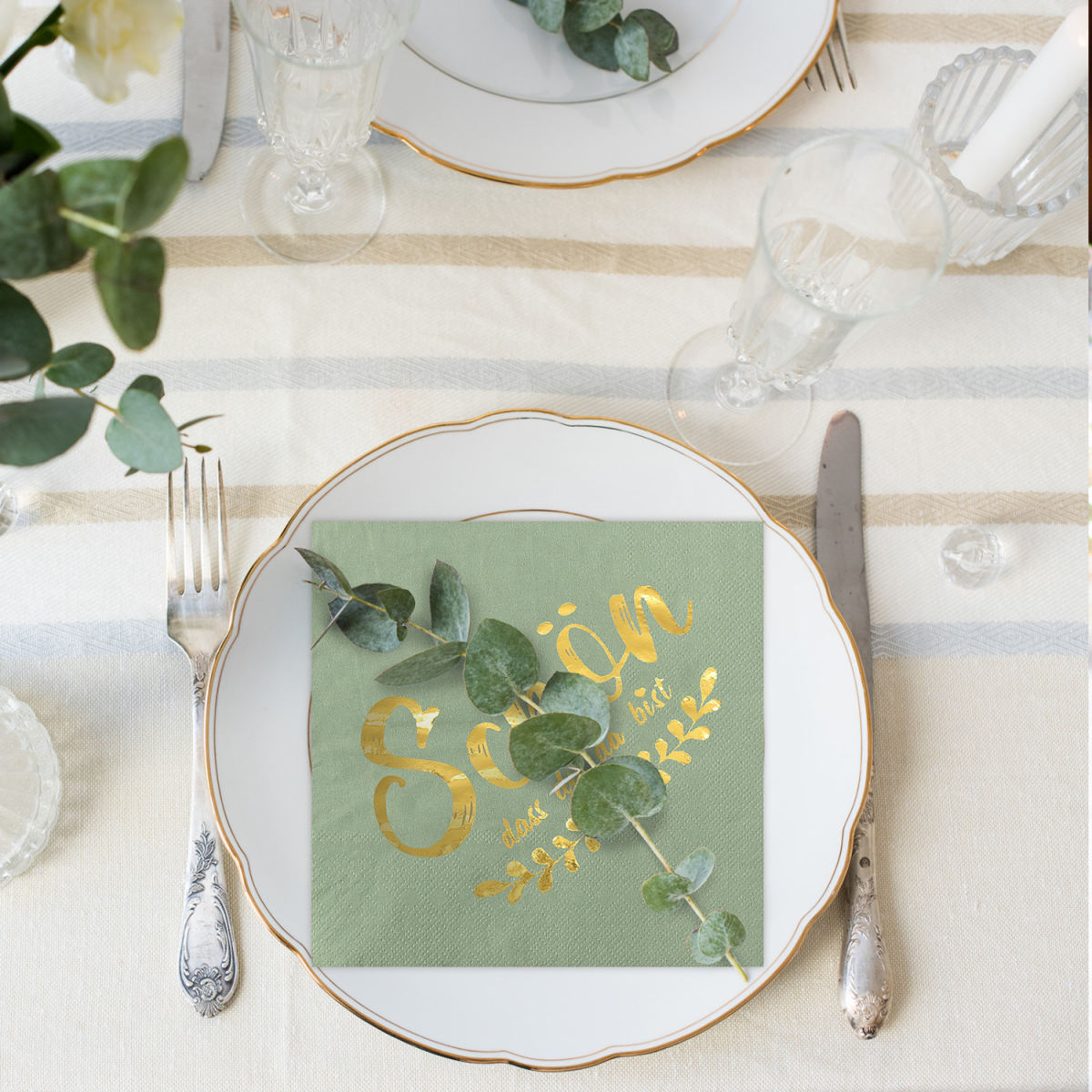 Set Of 40 Beautiful Napkins, Table Decorations Measuring 33 X 33 Cm. Perfect For Weddings And Birthdays, With A Sage Green Background And Gold Lettering. Party, First Communion, Baptism Accessories