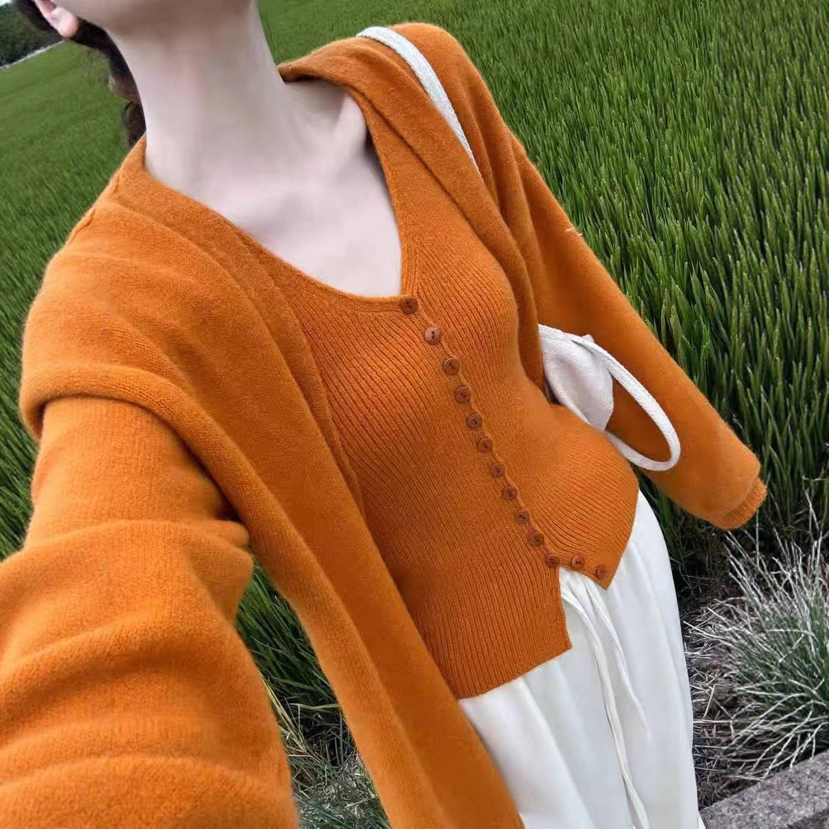 Korean-style Solid-color Set Knitted Vest With Cardigan Top