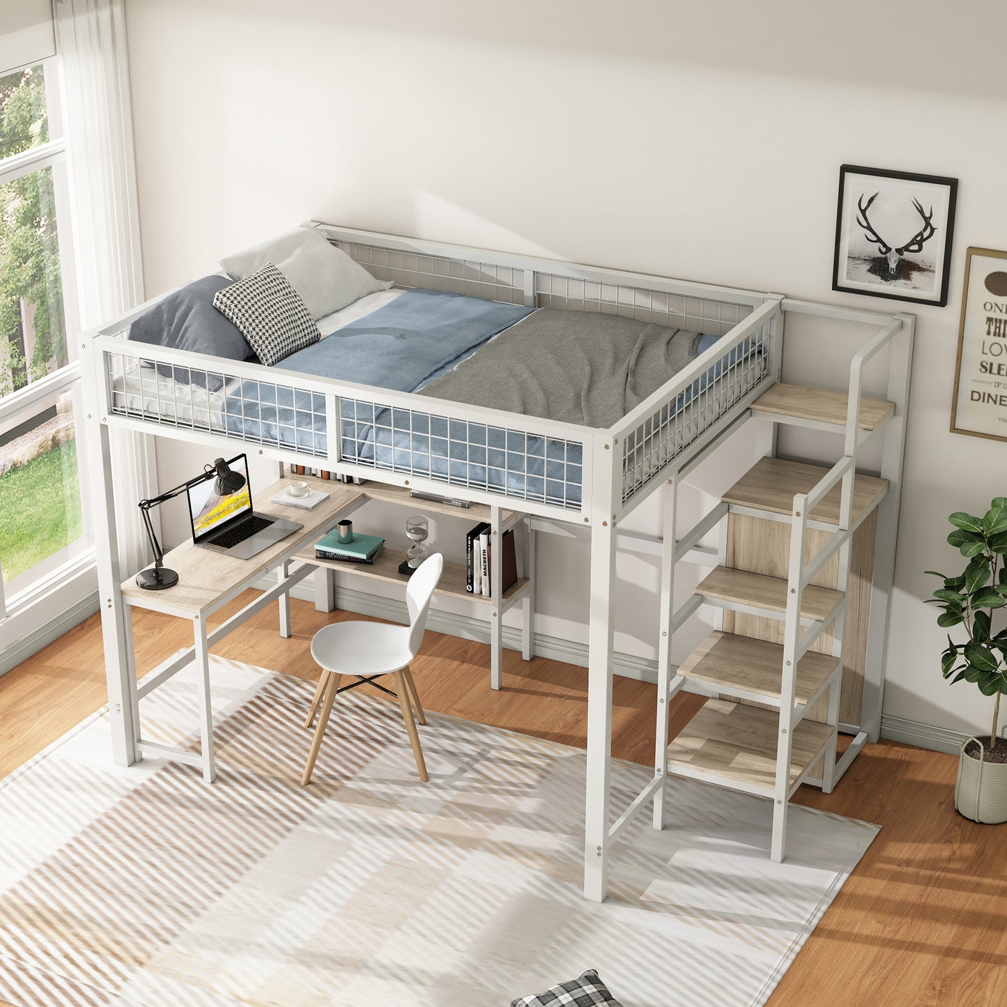 Loft Bed, 140x200 Cm, Iron Bed, Storage Ladder, Several Shelves, Without Mattress, Built-in Wardrobe, Desk, White
