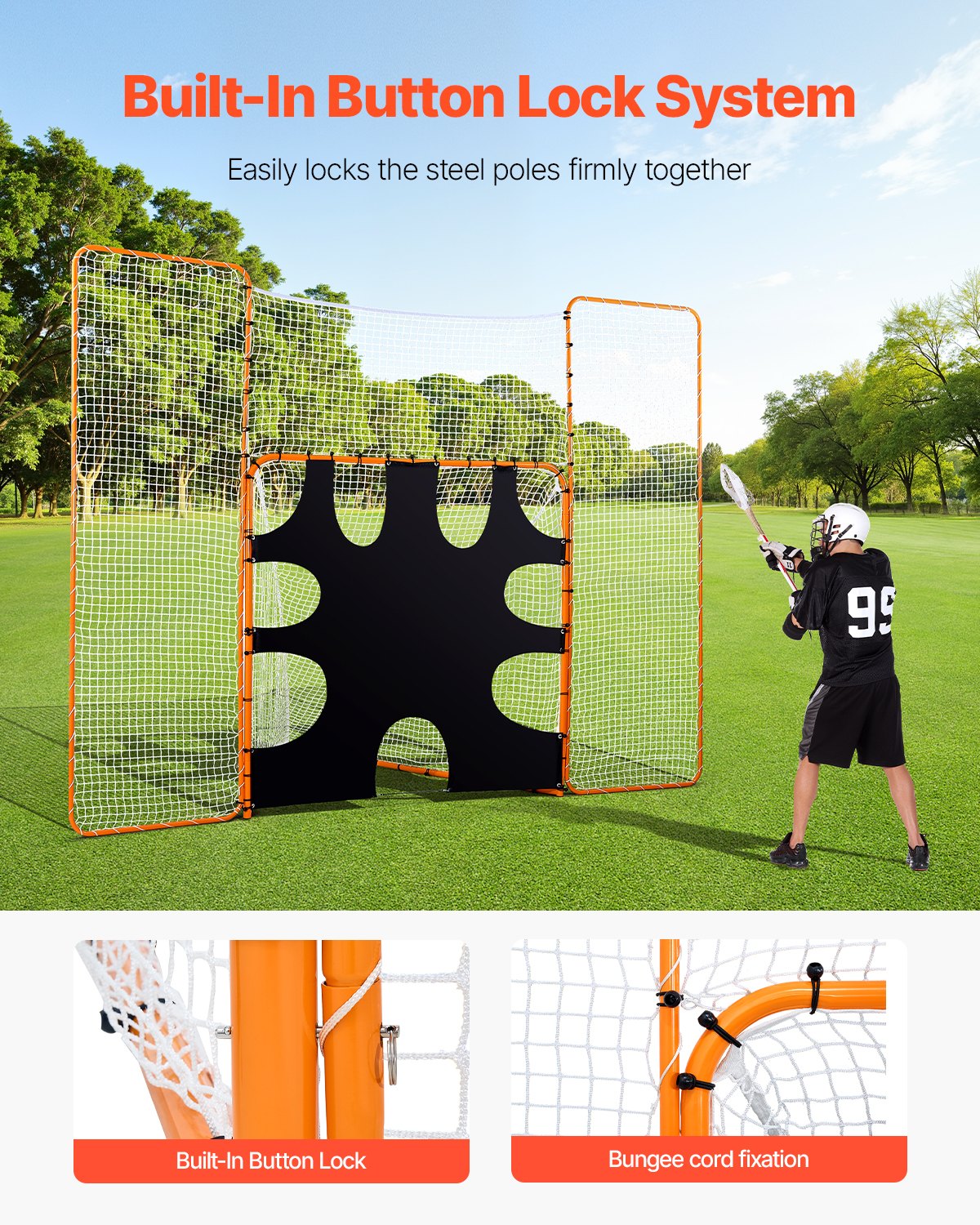3-IN-1 Lacrosse Goal, 12x9 Ft Lacrosse Net With Backstop And Target, Quick & Easy Setup Backyard Rebounder Equipment, Steel Frame Training Nets, Suitable For Youth Adult Training, Orange