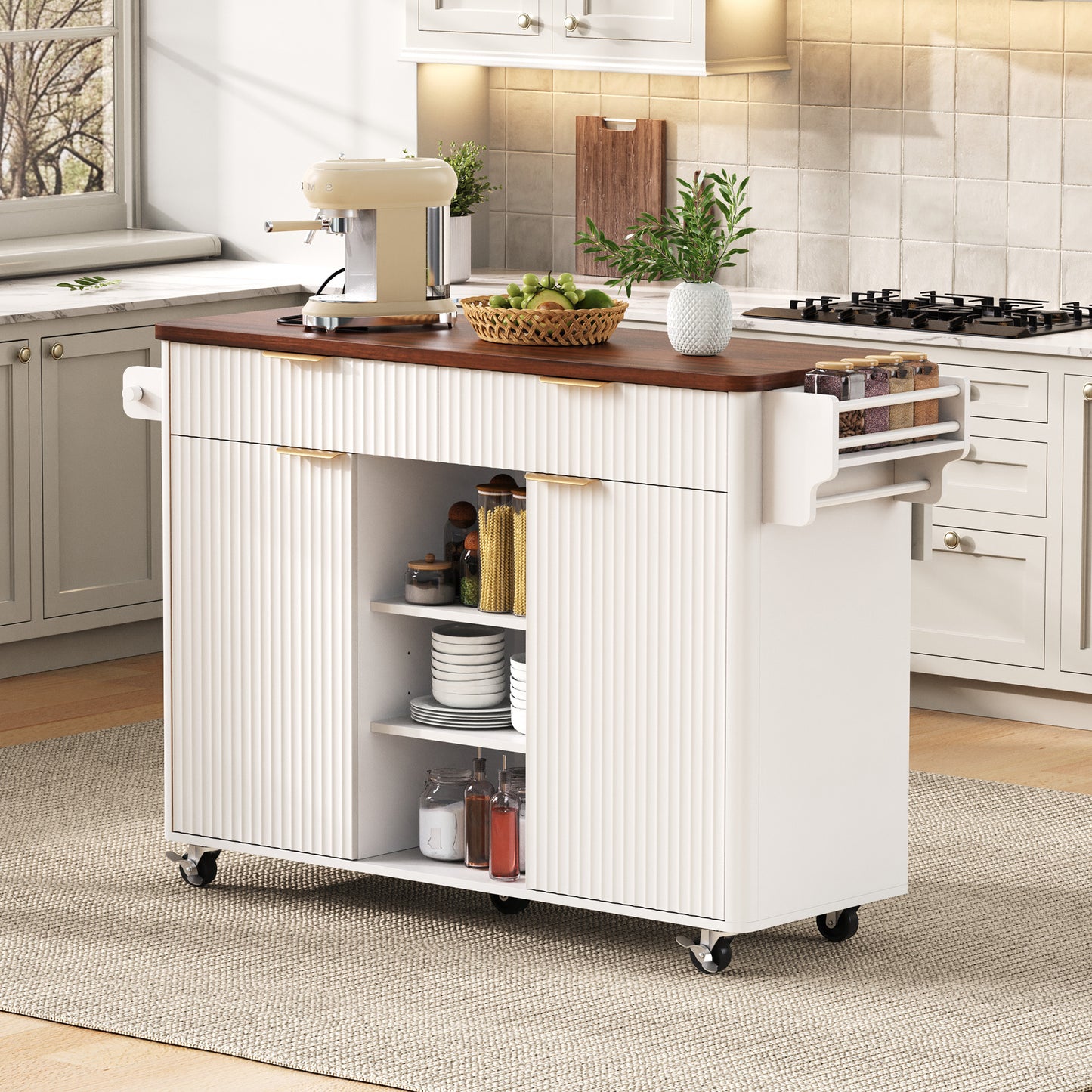 K&K 52  Fluted Kitchen Island With Drop Leaf, Power Outlet,  Kitchen Storage Cart With Adjustable Shelves, 2 Doors And 2 Drawers, Rolling Island Table With Walnut Color Top For Kitchen, White