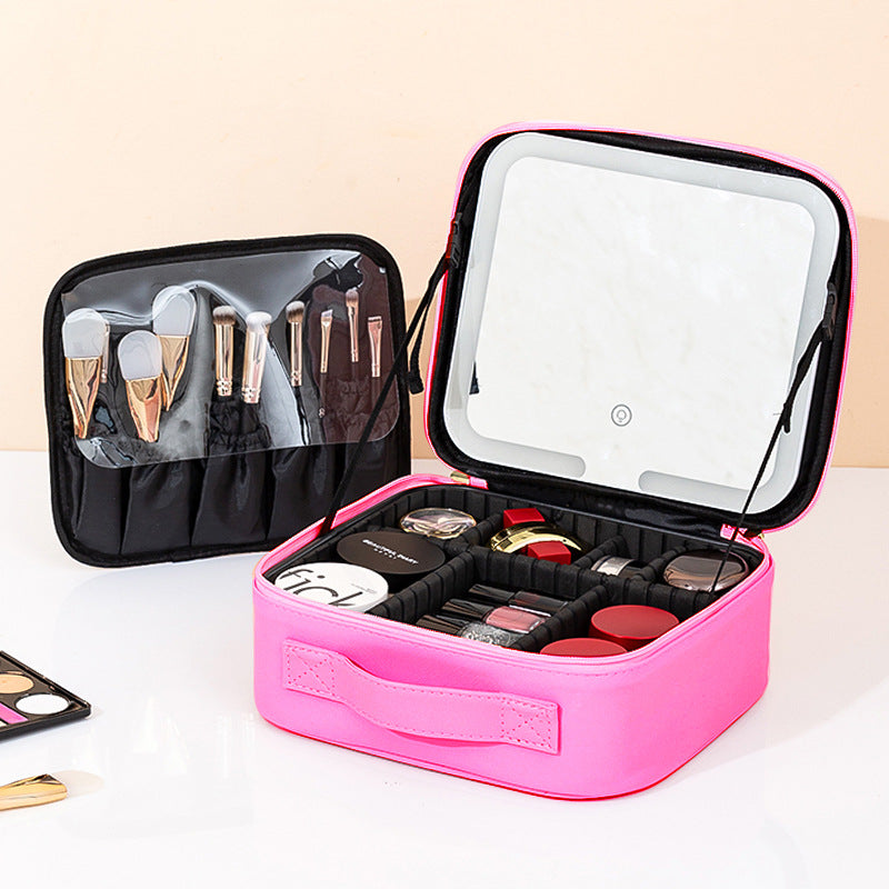 Makeup Bag With Mirror And Light Rechargeable PU Leather Travel Storage Box