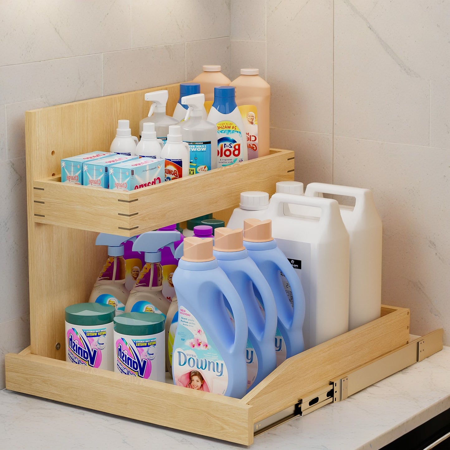 Under Sink Organizers And Storage 19  W X 21  D, 2 Tier Pull Out Cabinet Organizer With Hard Close, Adjustable Pull Out Cabinet Organizer With U Bracket For Bathroom Kitchen Left