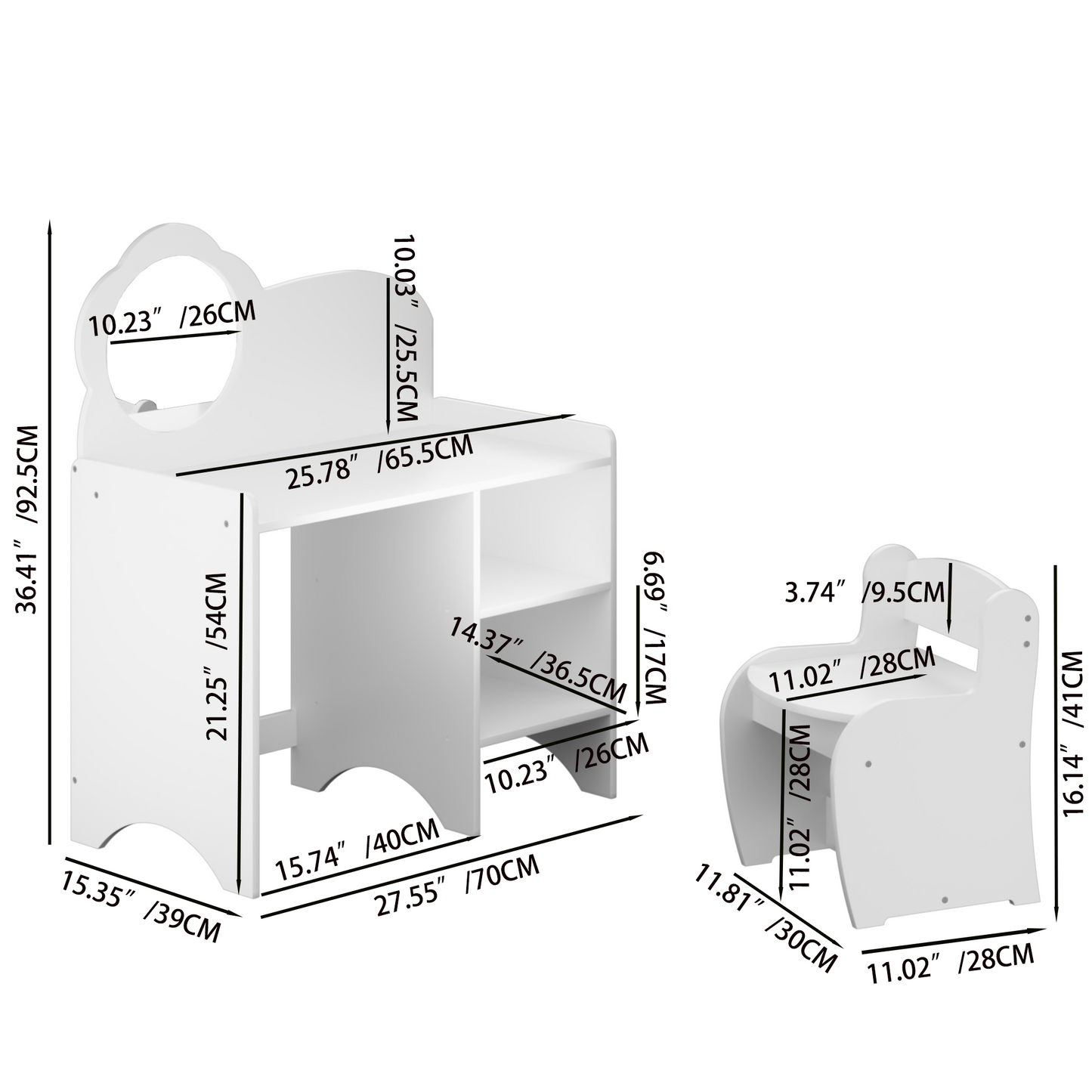 Kids Vanity Table With Mirror And Chair, Wooden Children's Dressing Makeup Desk With Storage Shelves, Study And Activity Table For Girls And Boys, Playroom Bedroom Furniture - White