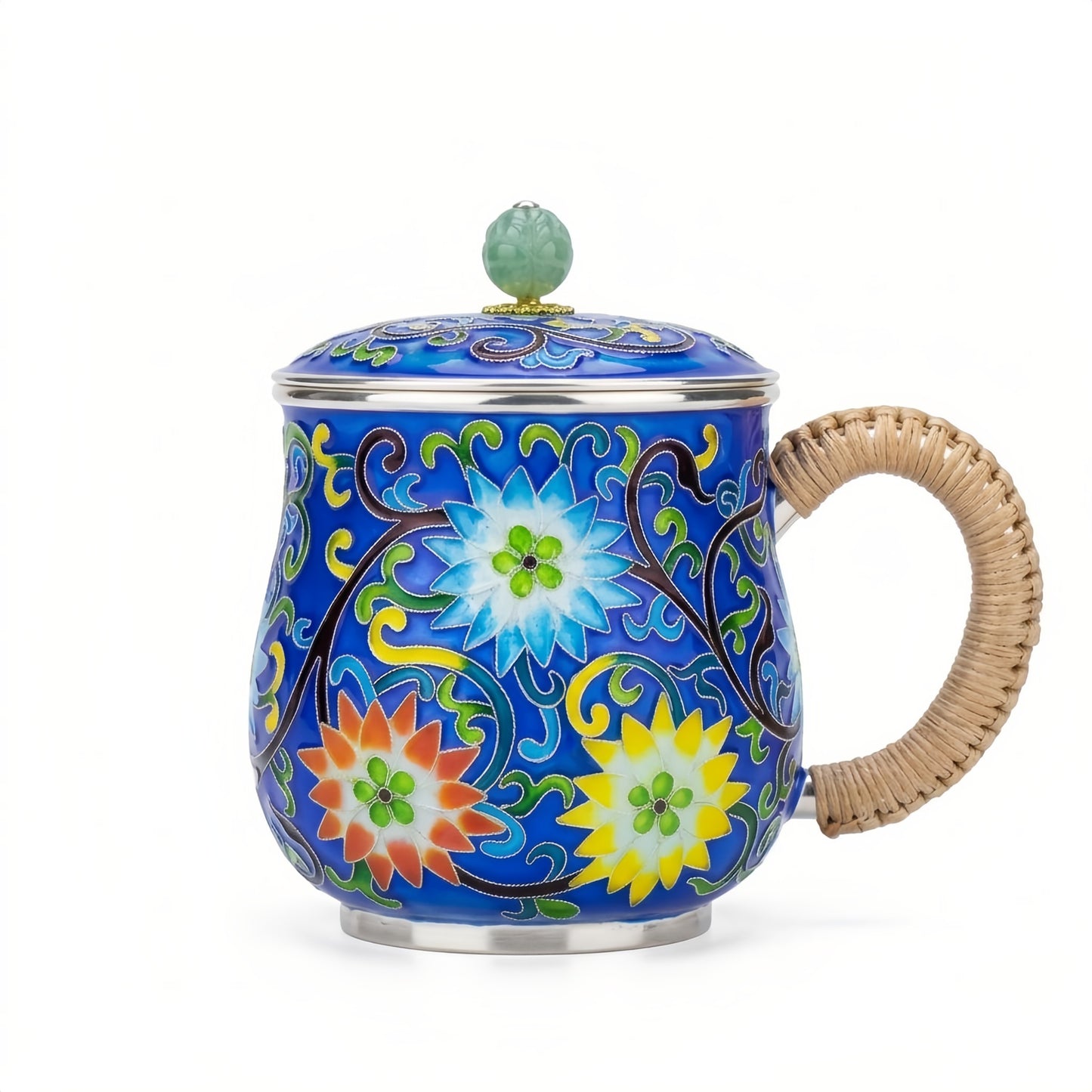 925 Sterling Silver Elegant Blue Cloisonné Enamel Tea Mug with Floral Patterns and Woven Handle - Handicraft