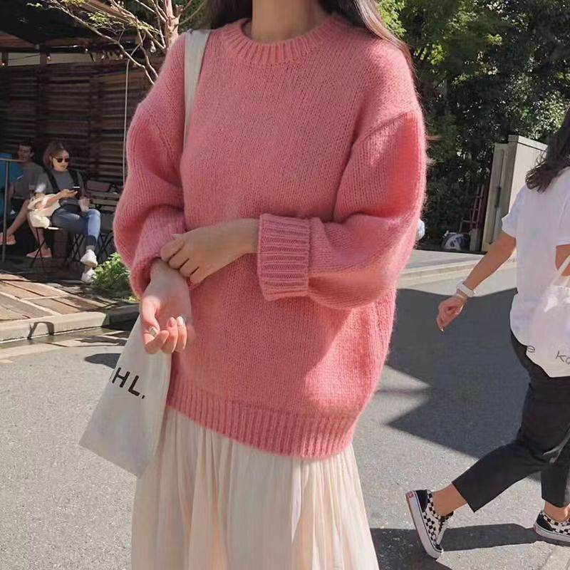 Solid-color Knitted Pullover Sweater For Women Korean Style Autumn Winter
