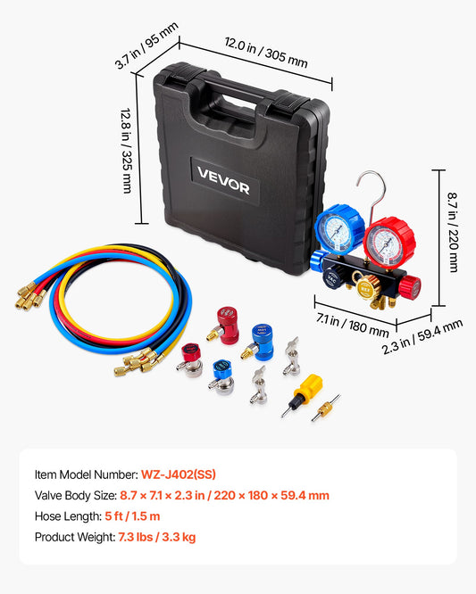 AC Manifold Gauge Set For R134a R404A R1234yf R22 Refrigerant, 4 Way AC Gauge With 5 Ft Hoses, Adapters, Quick Couplers, Can Taps For Automotive Air Conditioning Maintenance, Charging Evacuation