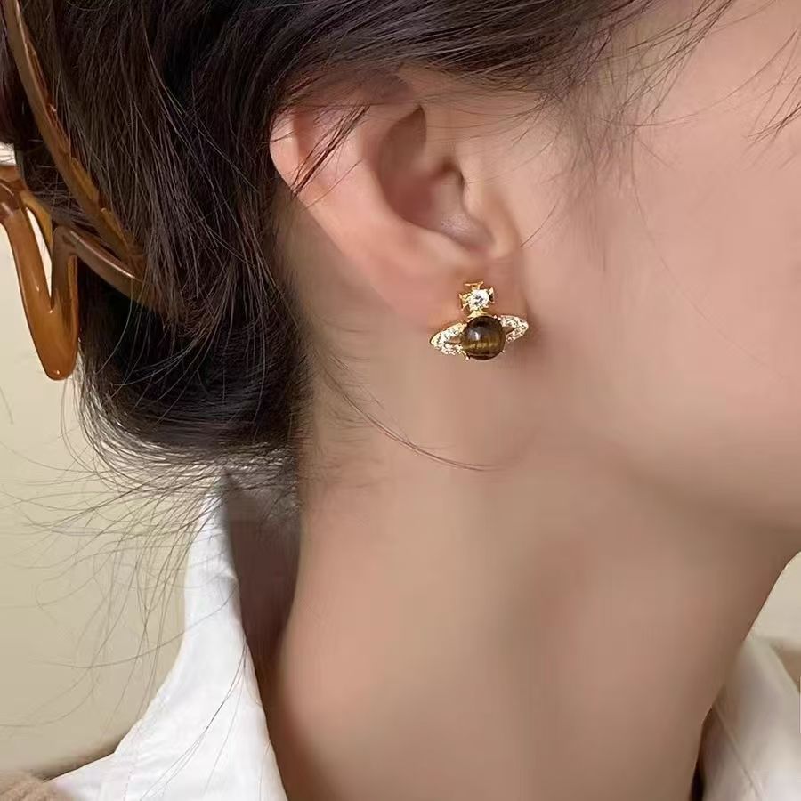 2026 New Hot Sale Saturn Stud Earrings For Women, Unique Fashion Tiger Eye Stone Earrings Niche Designer Luxury Ear Jewelry