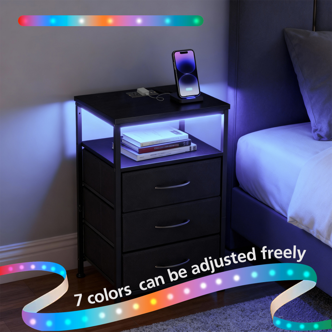 Nightstand With Charging Station, Bedside End Table With 5 Fabric Drawers & USB-Type-C Ports And Outlets