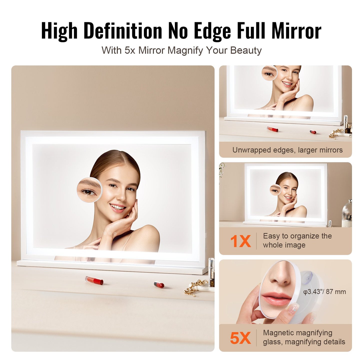 Lighted Makeup Mirror 3 Color Vanity W/ USB Desktop Wall-mount 31.5x21.7in