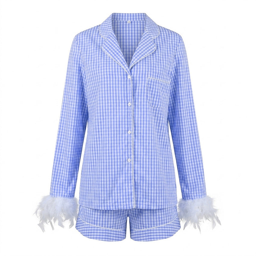 Womens Fashion Plaid Feather Long-Sleeve Shorts Set