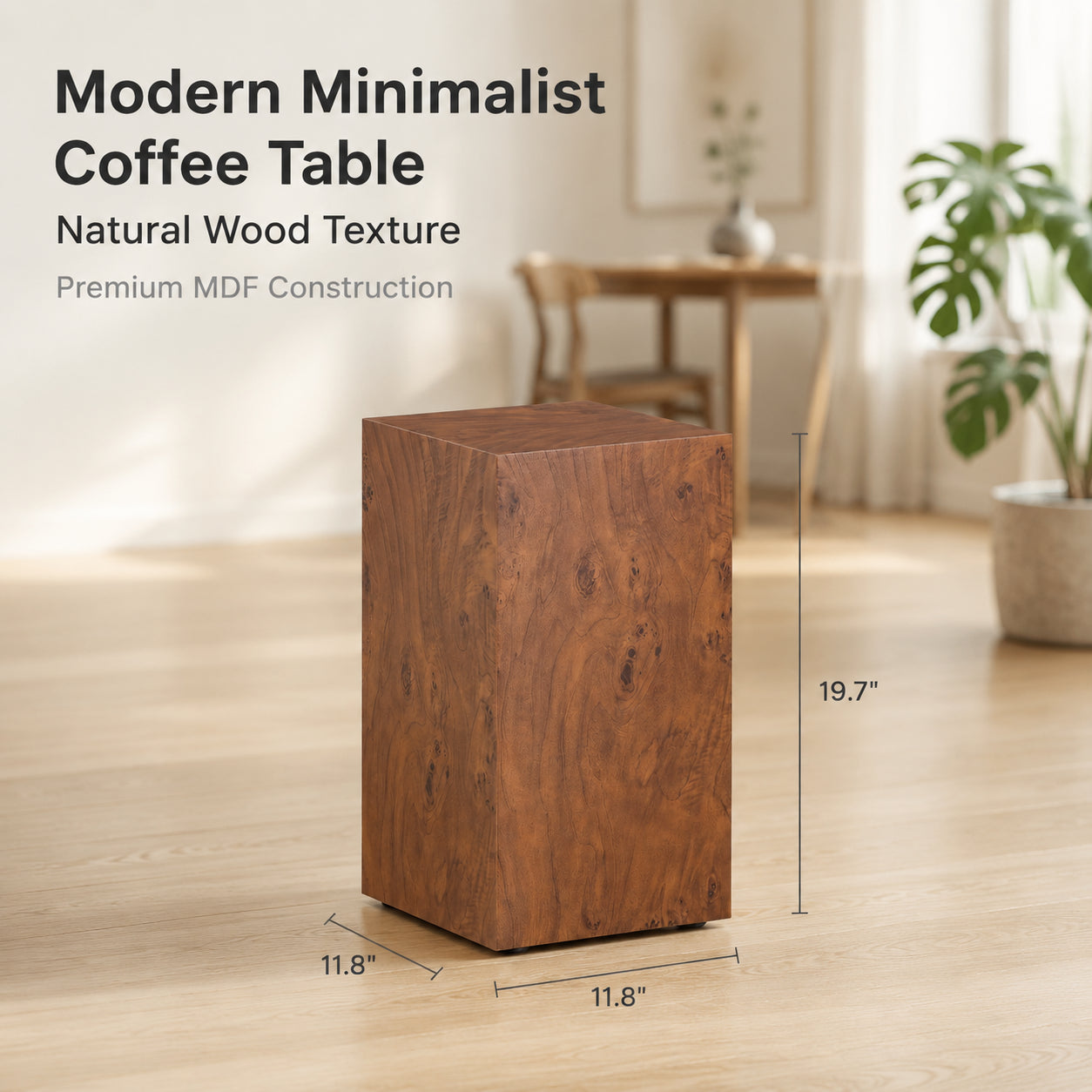 Premium Burl Walnut Veneer MDF Cube Table, Height Adjustable Multi-purpose Coffee Side End Table For Living Room, 11.8 X11.8 X19.7 , No Extra Items Included