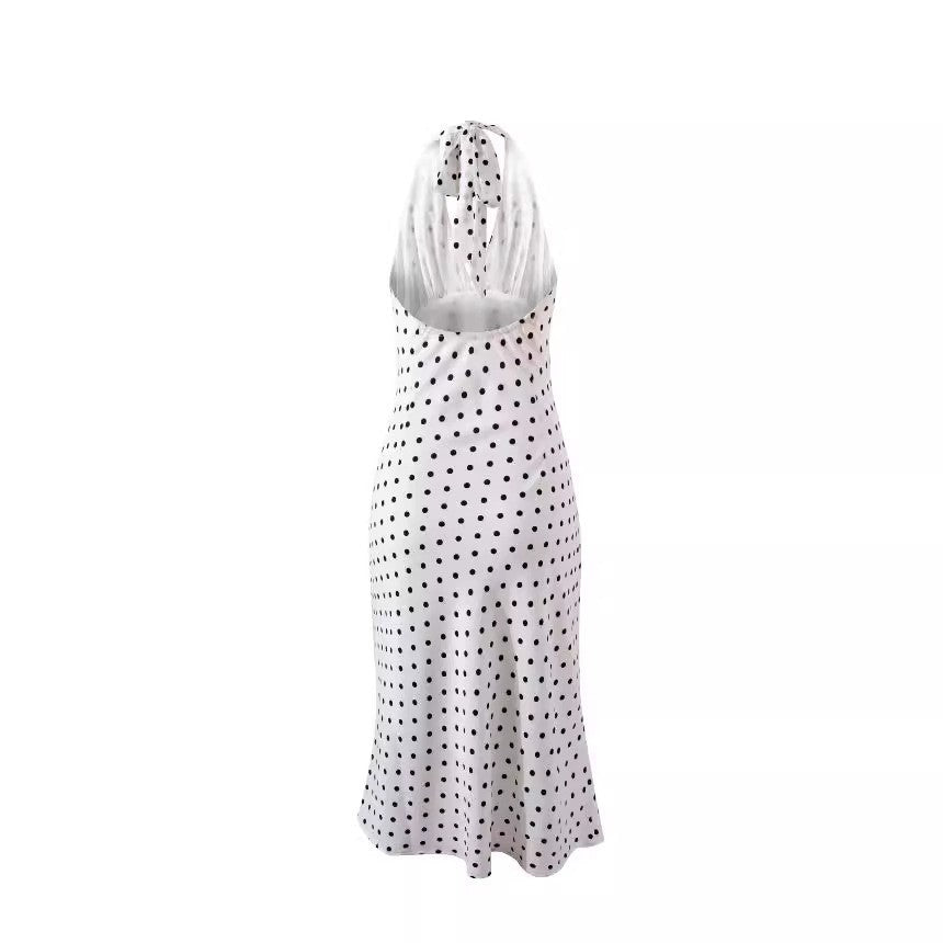 Womens Fashion Halterneck Polka-Dot Print V-Neck Dress