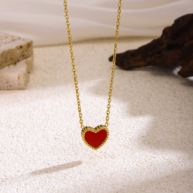 Korean-style Black And Red Double-Sided Heart Titanium Steel Necklace For Women In Japanese And Korean Styles