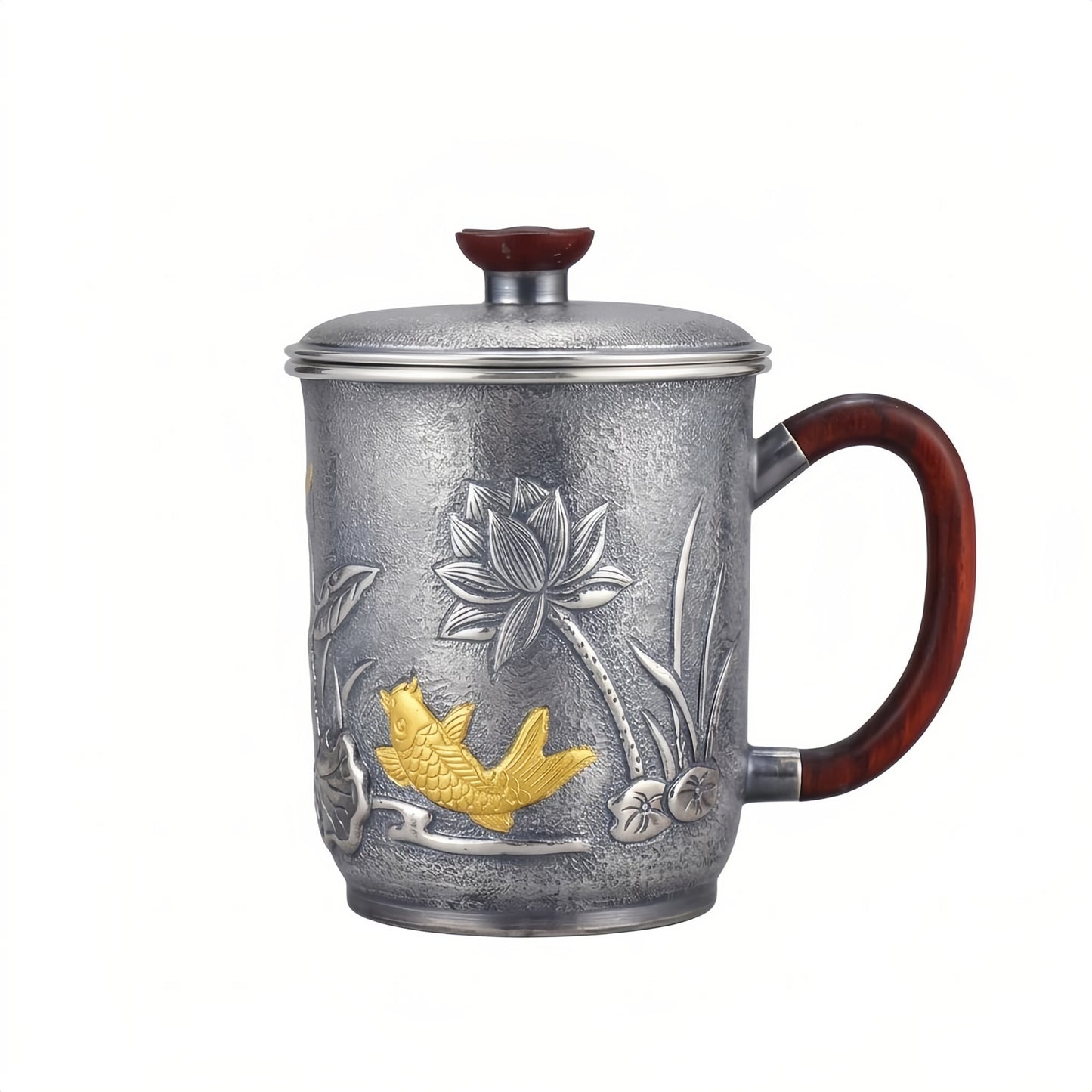 Pure 999 Fine Silver Elegant  Tea Cup with Gold Fish and Lotus Design-Premium Tea Mug - Handicraft