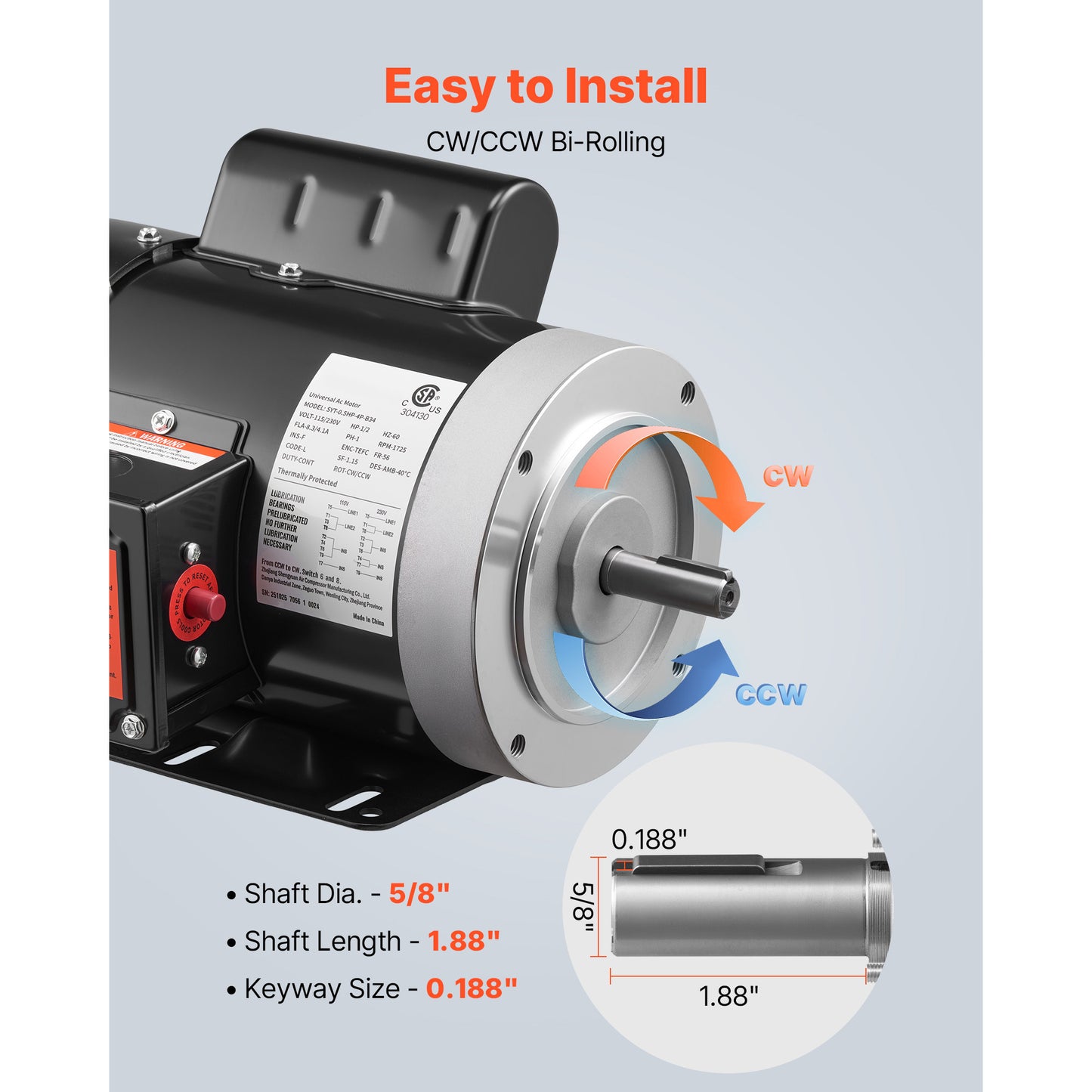 0.5 H P Electric Motor, 1725RPM Air Compressor Motor, CW CCW Rotation, 5 8 Inch Shaft Diameter, 1.88inch Shaft Length, 2.07N.m Torque, Single-Phase, TEFC Cooling, 115V 230V, 56 Frame