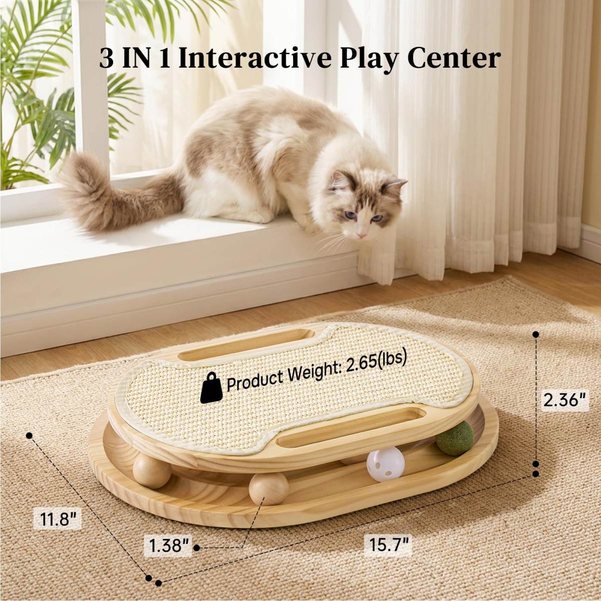 Cat Scratcher With Ball Track Toy, Sisal Scratch Pad For Indoor Use  Wooden Interactive Cat Puzzle Toys For Adult Cats, Kitten Mental Stimulation Self Play Home Enrichment, Spinning Balls