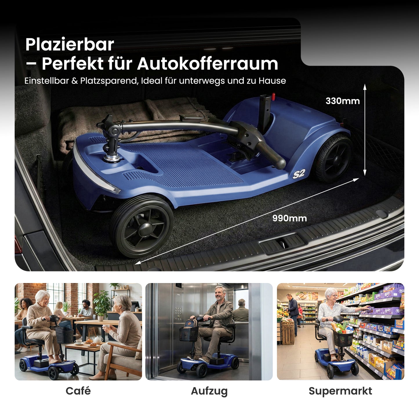 Four-wheeled Mobility Scooter For Seniors, Load Capacity 136 Kg, Speed 6 Km H, Removable Battery, USB Charging Port, No Driver's License Required  S2 BLUE