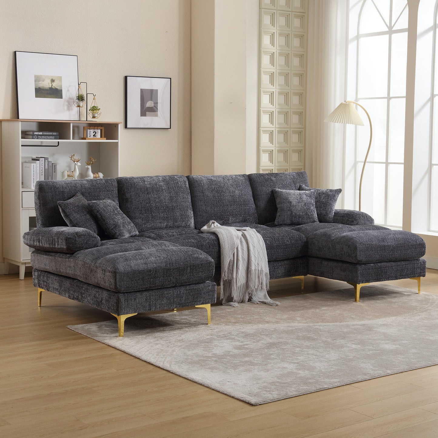 Old SKU W1880S00028 Modern Large Chenille U-Shape Sectional Sofa With Double Reclining Seats For Living Room Bedroom Office Apartment Villa Living Room Home By The Fireplace