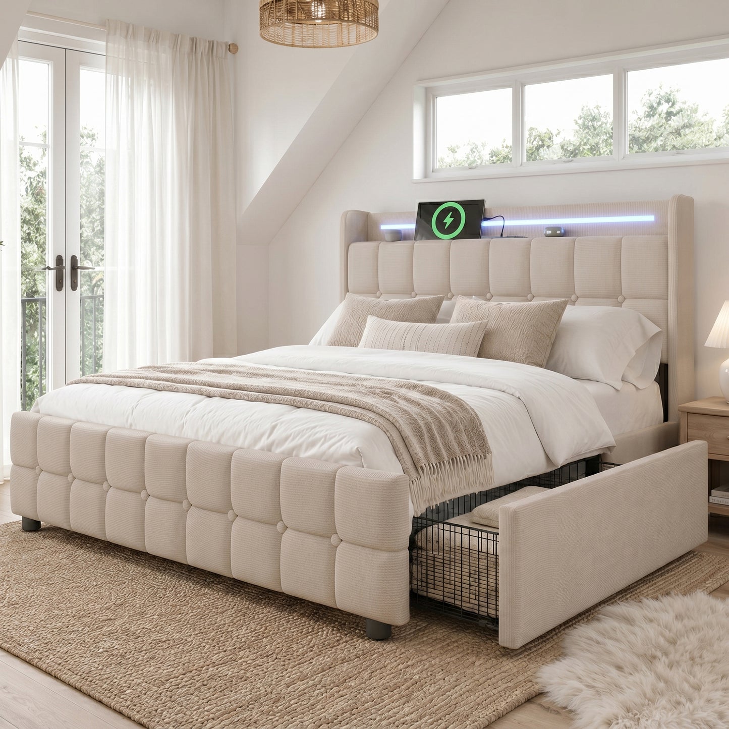 Upholstered Bed With Charging, USB Charging Function, Headboard And LED Lighting And 4 Drawers, Double Bed 140x200cm, Storage Beds, Bed Frame, Wooden Slatted Base, Beige  Without Mattress