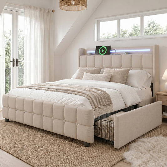 Upholstered Bed With Charging, USB Charging Function, Headboard And LED Lighting And 4 Drawers, Double Bed 140x200cm, Storage Beds, Bed Frame, Wooden Slatted Base, Beige  Without Mattress