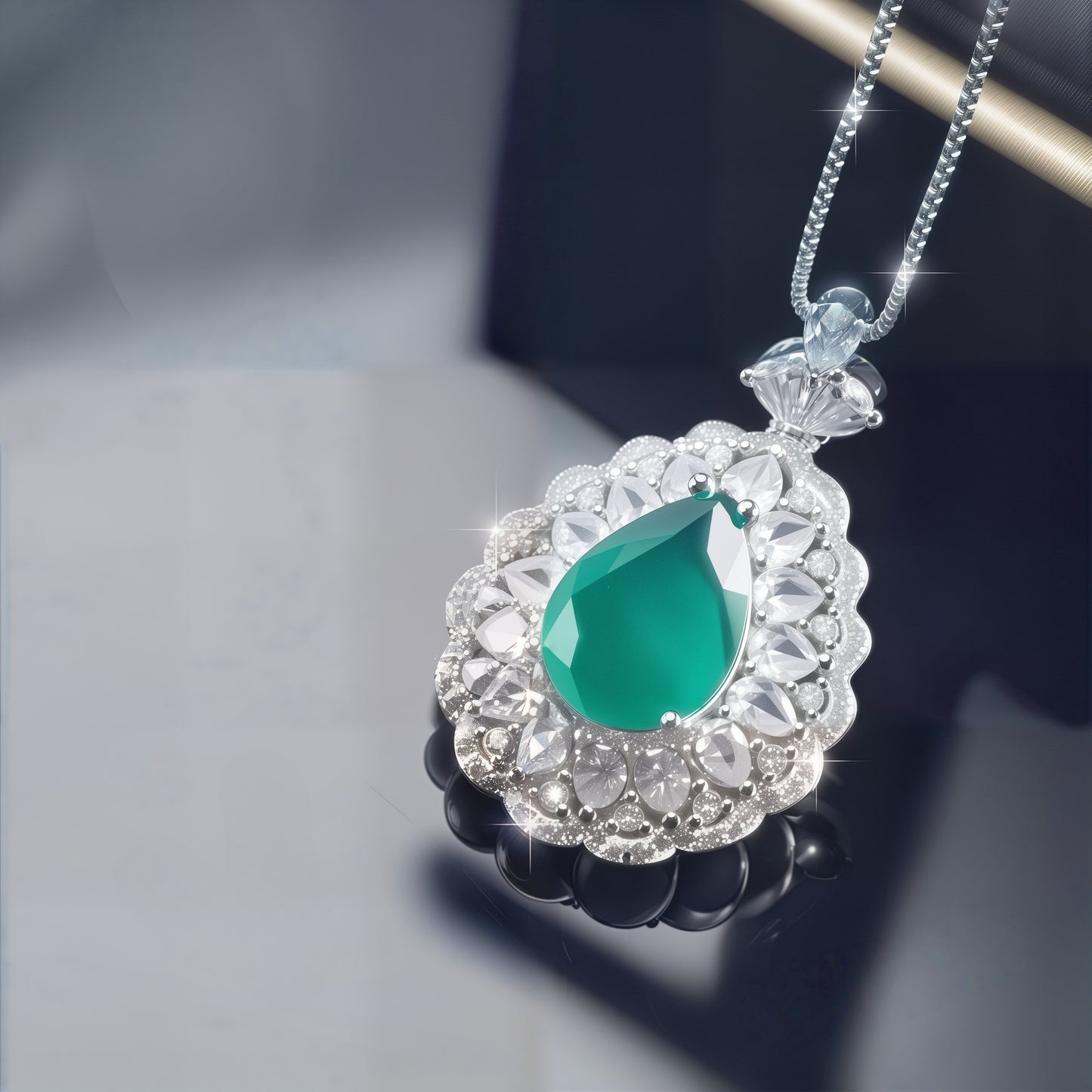 Pear Cut Simulated Emerald Double Halo Pendant Necklace For Women, Copper Plated Silver Pear Shape White Cubic Zirconia Vintage Floral Royal Bridal Wedding Statement Jewelry Gift