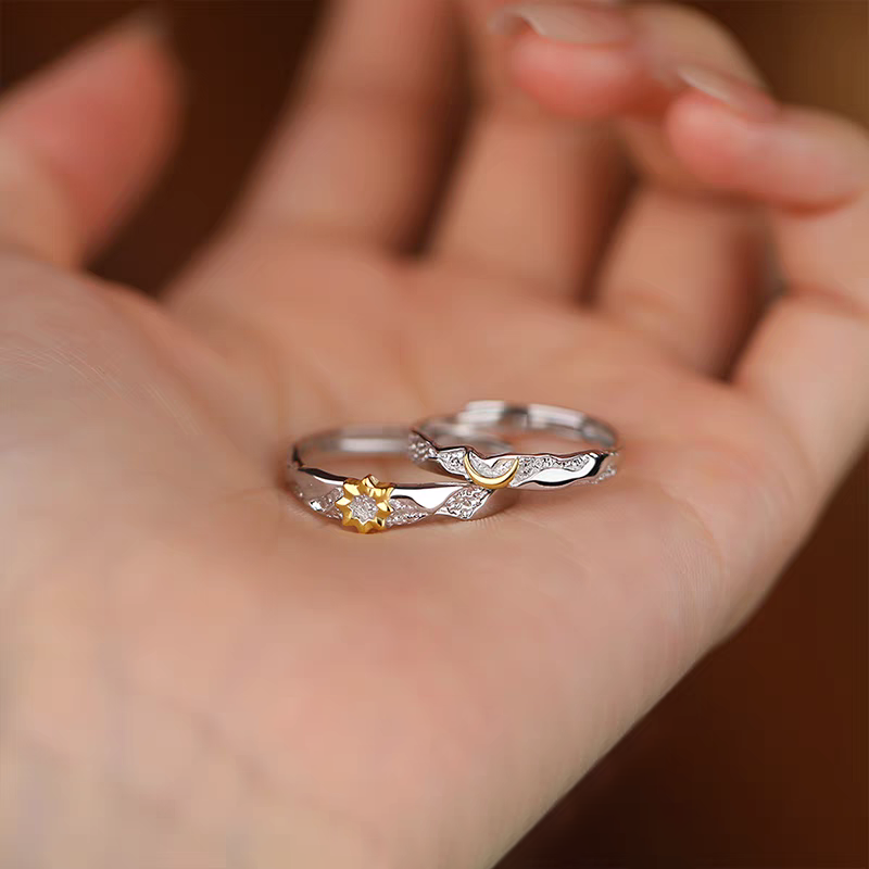 1 Pair 999 Sterling Silver Sun & Moon Couple Rings, Romantic Minimalist Promise Rings, Ideal Valentine's Day Gift For Lovers